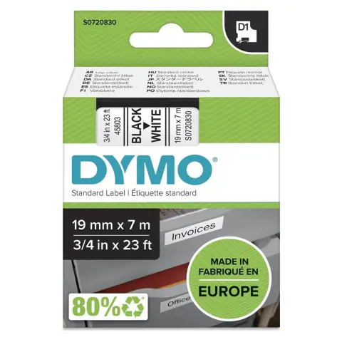 Dymo taśma do drukarek etykiet, D1 45803 czarny/biały 7m/19mm